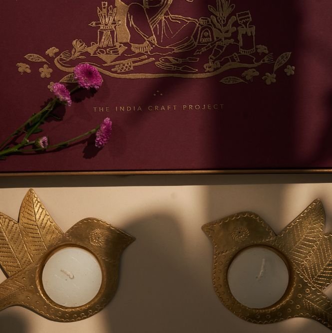 Aarna Gift Box | Set of 4 Brass 'Chidiya' Tea light Holders